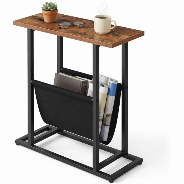 Lomera Bijzettafel met Tijdschriftenhouder - Lectuurbak - Tijdschriftenrek - Krantenbak - Sidetable - Banktafel - Tijdschriftentafel - Metalen Frame - Magazinehouder - Telefoontafel voor Woonkamer - Zwart en Bruin - Slaapkamer Multi