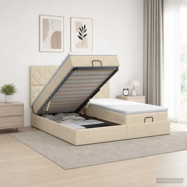 vidaXL Ottoman Bed met Matrassen en LED Crèmekleurig 180 x 200 cm Stof