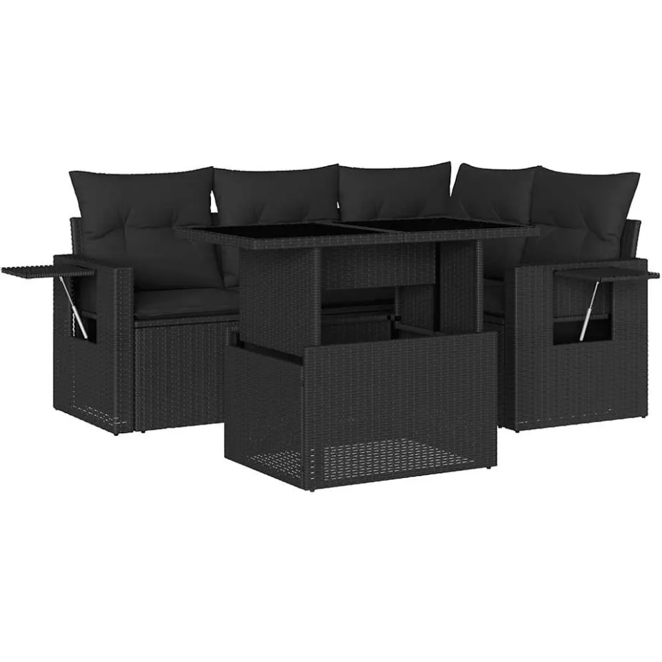 vidaXL 5-delige Loungeset met kussens poly rattan zwart, foto 3