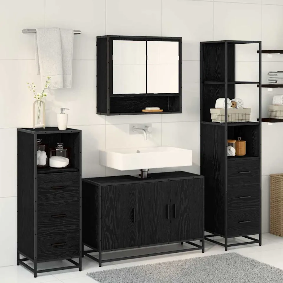 vidaXL Badkamermeubelset 4 st Zwart Eiken 90 x 33 x 60 cm Bewerkt hout, foto 3