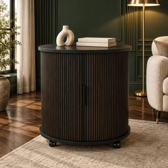 MEUNIQ ronde bijzettafel 60 x 60 x 60 cm met schuifdeur, opbergruimte, stopcontact en 2 USB-aansluitingen, verrijdbaar nachtkastje voor slaapkamer of woonkamer, zwart