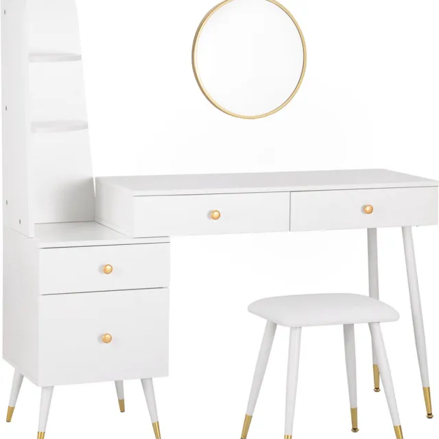 Bolt Edge Kaptafel - Wit - Inclusief Spiegel en Krukje - Make-up Tafel voor Meisjes - Voor Kinderen en Volwassenen Wit, kastje