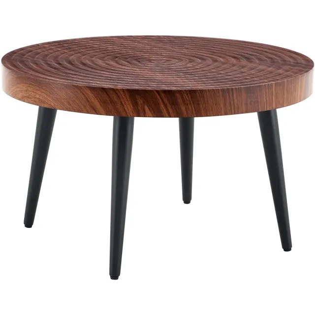 Ropilly Ronde salontafel donker hout - 60 cm diameter - 5 cm dik houten blad - Zwarte metalen poten - Woonkamer Notenhout