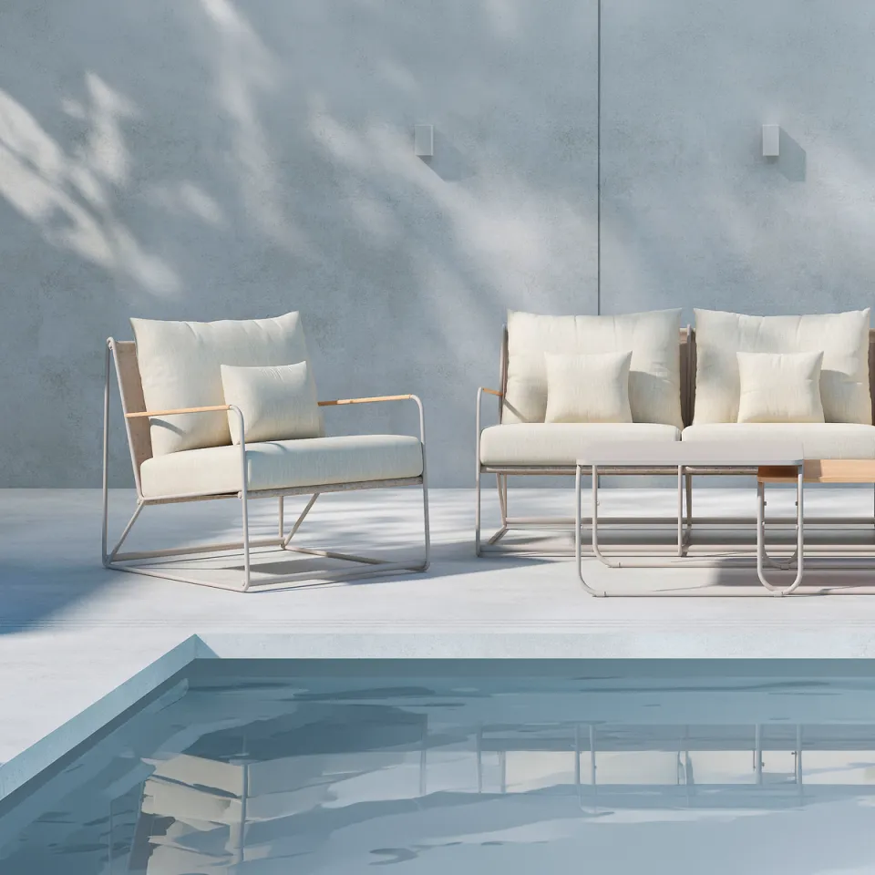 Nest outdoor Paolo 4 delige tuin loungeset beige - driezitsbank, twee fauteuils en twee salontafels - met beige zitkussens, foto 5