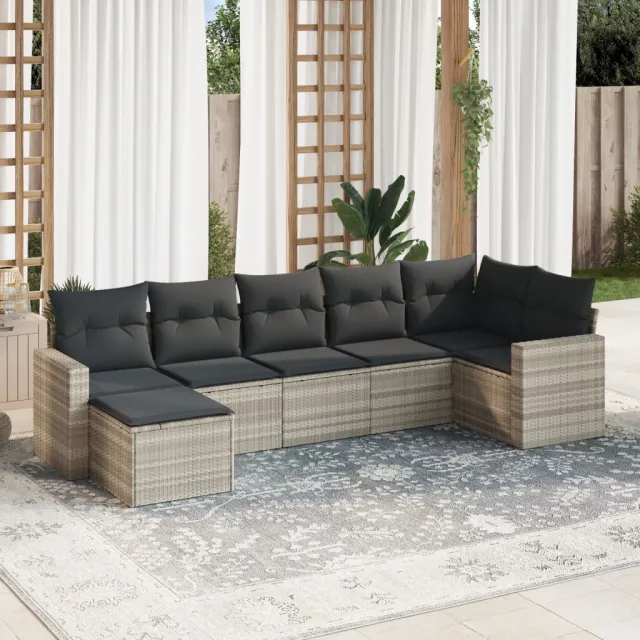 vidaXL 7-delige Loungeset met kussens poly rattan lichtgrijs grijs, foto 2