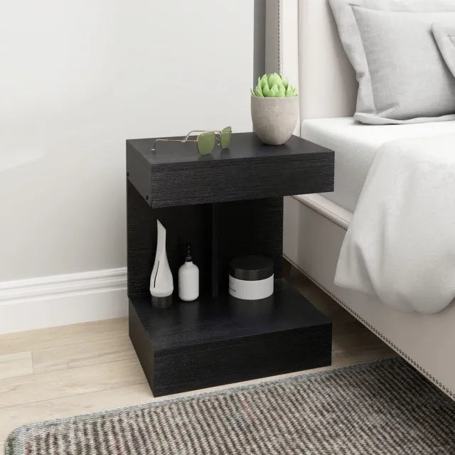 MEUNIQ Bedtafel / nachtkastje met lade en open vak, 40 x 30 x 46 cm, zwart, modern voor slaapkamer of woonkamer Black