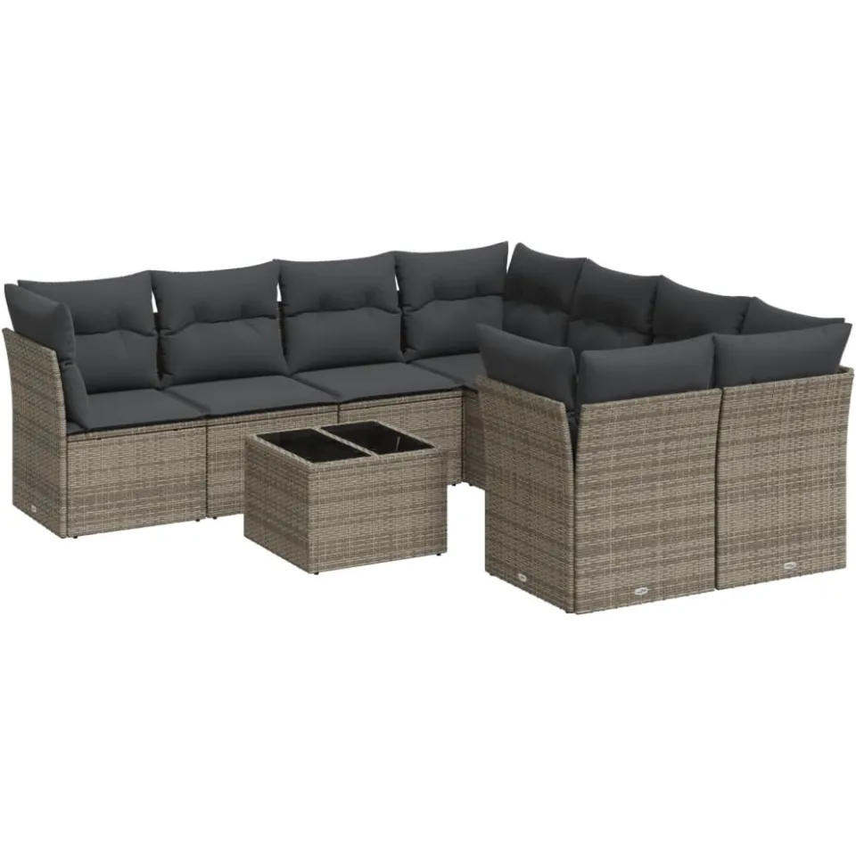 vidaXL 9-delige Loungeset met kussens poly rattan grijs
