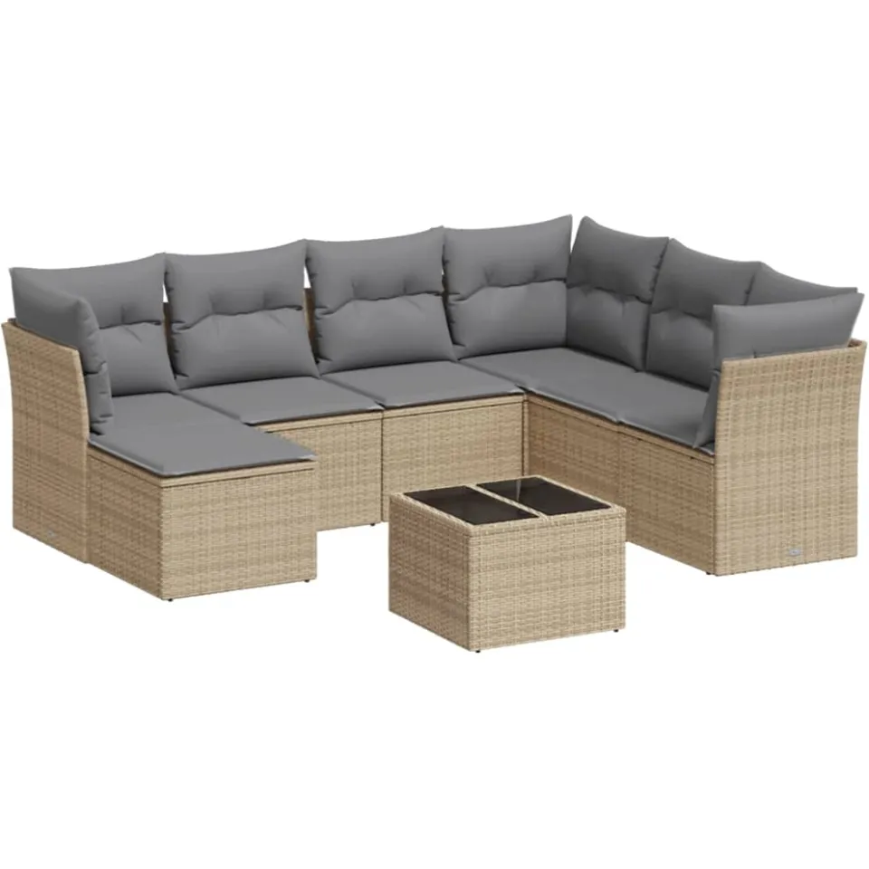 vidaXL 8-delige Loungeset met kussens poly rattan beige, foto 3