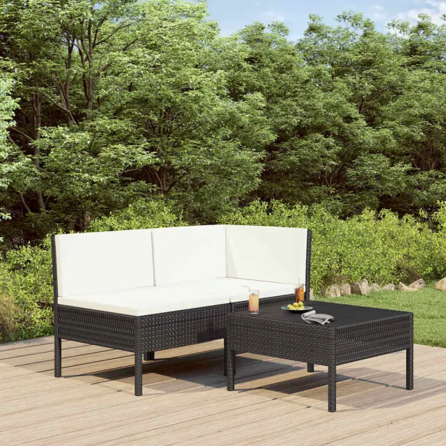 vidaXL 3-delige Loungeset met kussens poly rattan zwart, foto 2