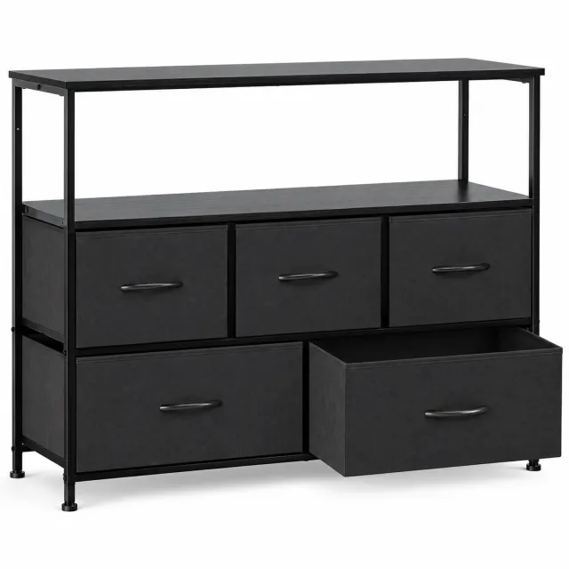 HMTM Ladekast met 5 Stoffen Laden – Brede Opbergkast voor Slaapkamer, Woonkamer en Hal – 115 x 30 x 80 cm – Zwart– Verstelbare Poten , HMTM-SC-5D-BK