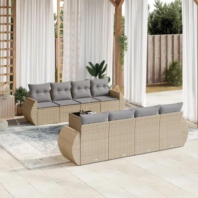 vidaXL 9-delige Loungeset met kussens poly rattan beige, foto 2