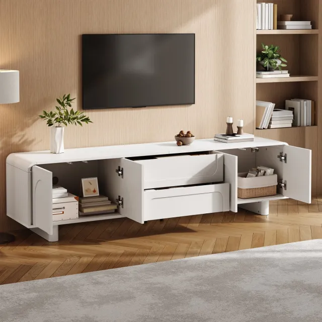 MODFU TV-Meubel - 4 Deuren En 2 Lades - Rond Design - MDF - Wit - 180 Cm