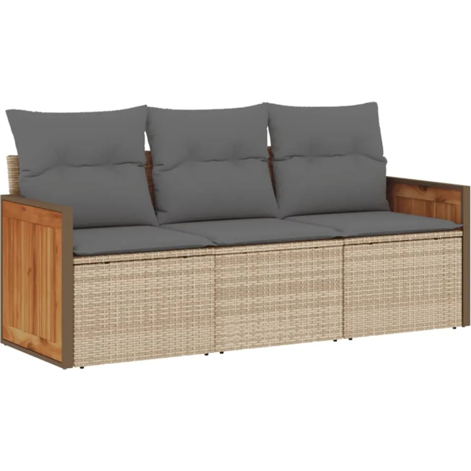 vidaXL 3-delige Loungeset met kussens poly rattan beige, foto 3