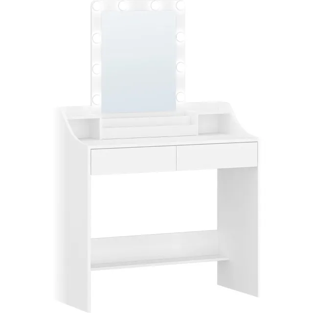 HILINSIE Kaptafel - Make up Tafel - Kaptafel met Spiegel en Verlichting - 90 cm - Regelbare Helderheid - Dressoir met 2 Laden en 2 Open Compartimenten - Wit - 40 x 90 x 140 cm - Modern