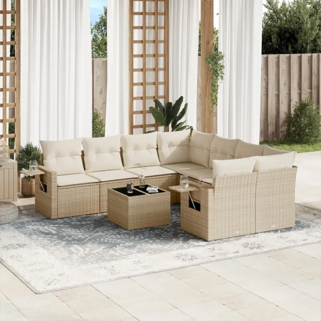 vidaXL 9-delige Loungeset met kussens poly rattan beige, foto 2