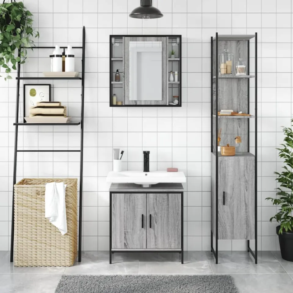 vidaXL 3-delige Badkamermeubelset bewerkt hout grijs sonoma eikenkleur, foto 2