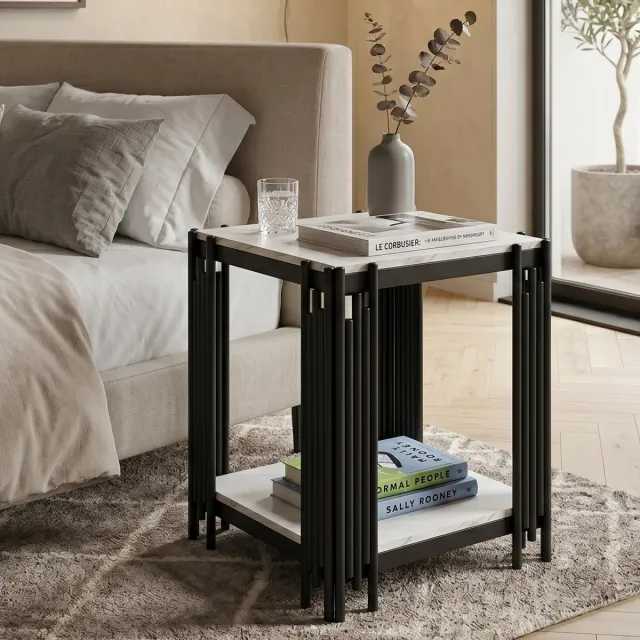 OKWISH Bedtafel - Nachtkastje Met 2 Niveaus En Marmerlook - Voor Slaapkamer Woonkamer Of Hal - MDF En Metaal Zwart Wit - 43x40x55 cm