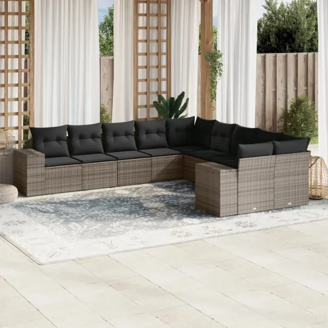 vidaXL 10-delige Loungeset met kussens poly rattan grijs, foto 2