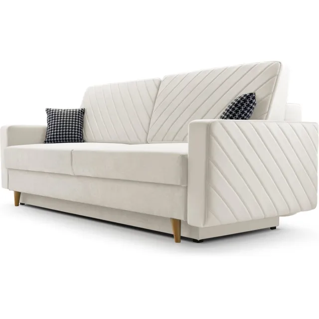 AJE Meubles B.V. 3-zitsbank van Velvet voor woonkamer, slaapbank, sofa met slaapfunctie en opbergruimte, moderne bank - 230x96x97cm - Slaapbank CALIFORNIA - Crème (PAROS 01)