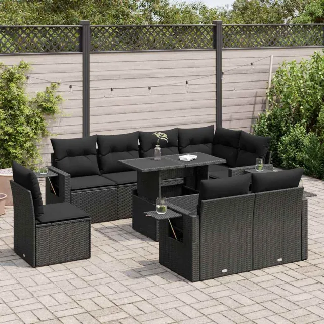 vidaXL 9-delige Loungeset met kussens poly rattan zwart, foto 2
