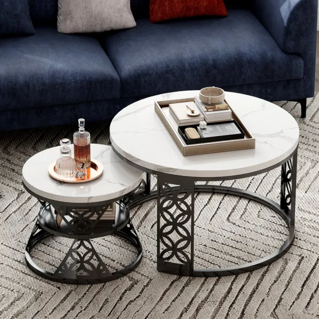 DESMIU Salontafel Set - Contrasterende Kleuren Met Marmerlook En Hoogglans - Voor Woonkamer, Slaapkamer En Balkon - Metaal - Zwart En Wit - 70x70x45 Cm En 45x45x37 Cm Salontafels