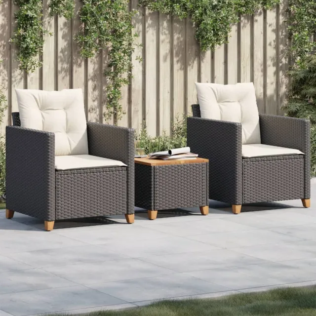 vidaXL 3-delige Bistroset met kussens poly rattan en acaciahout zwart, foto 2