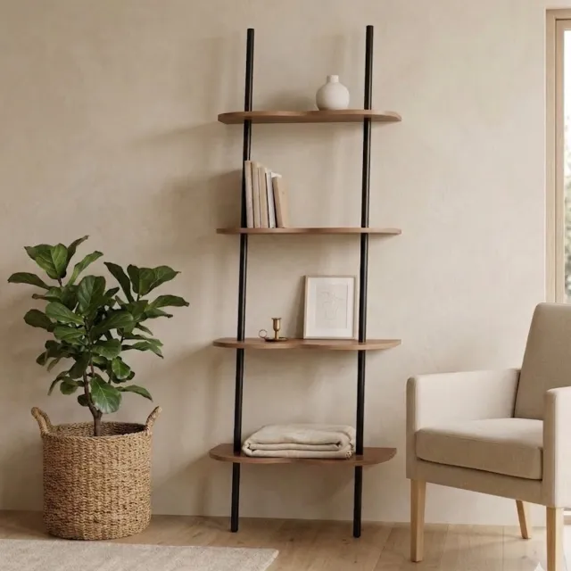 Fume Concept Modern Ladderrek Bruin - Gebogen Planken - 174x57 cm - Scandi Boekenkast - Wave Design Kast - Houten Ladderrek - Donkerbruin