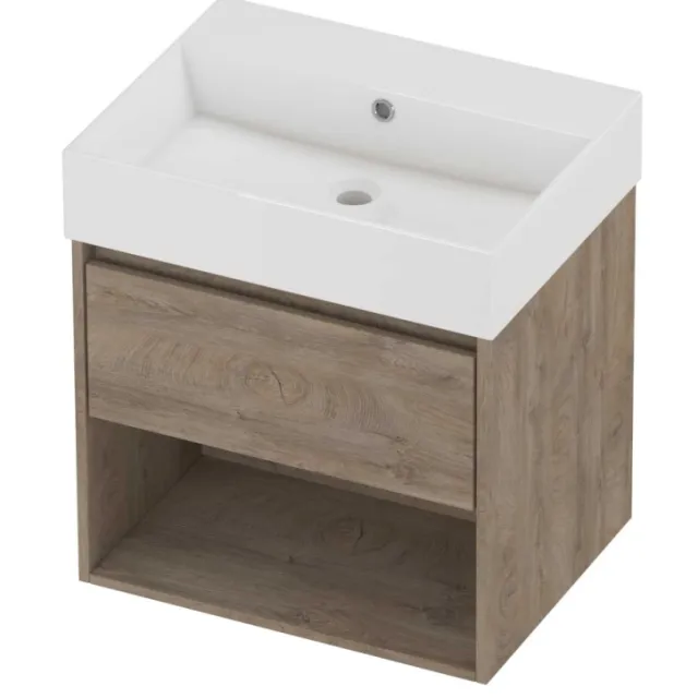 Proline Zara Badmeubelset Porselein Loft Zonder Kraangat Met Schap 60x46x65 cm Glans Wit Raw Oak Eiken