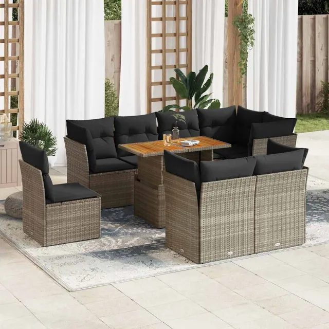 vidaXL 9-delige Loungeset met kussens poly rattan grijs