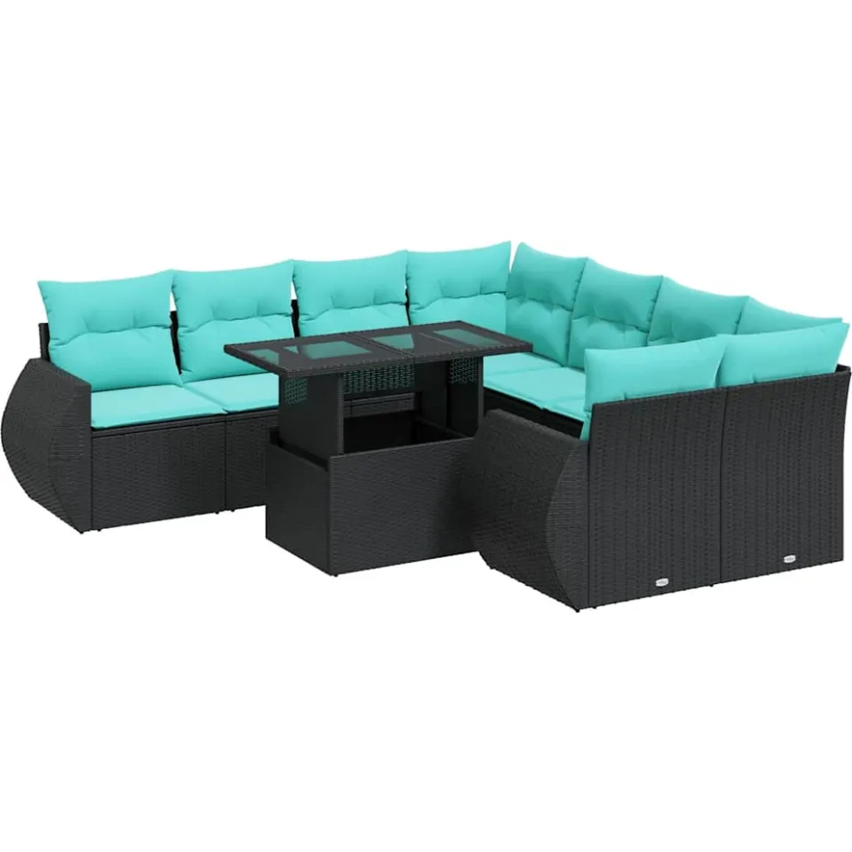 vidaXL 9-delige Loungeset met kussens poly rattan acacia zwart, foto 3