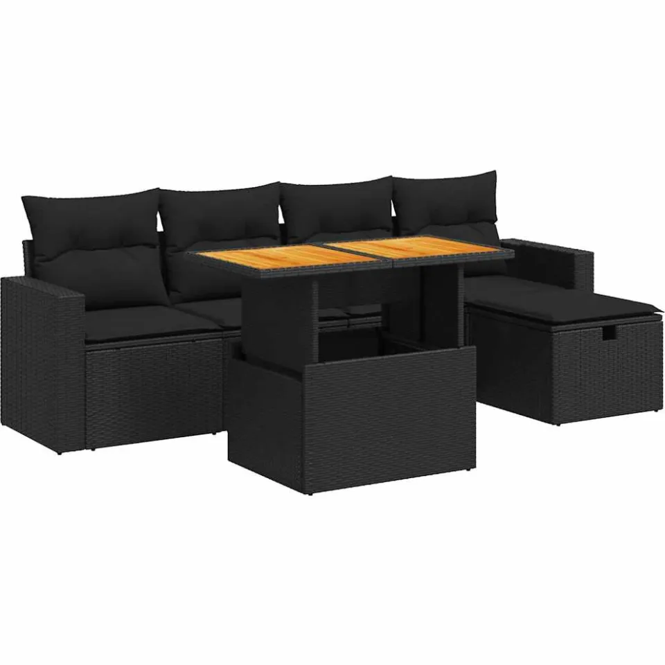 vidaXL 6-delige Loungeset met kussens poly rattan acacia zwart, foto 3