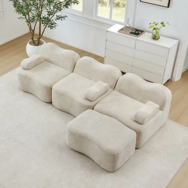 FloraGrace Hoekbank 3-Zits Met Ottomaan - Modulair En Frameloos Met Diepe Zitting - Woonkamer - Fluweel - Beige
