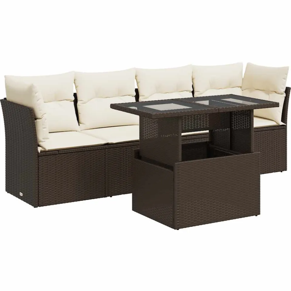 vidaXL 5-delige Loungeset met kussens poly rattan bruin