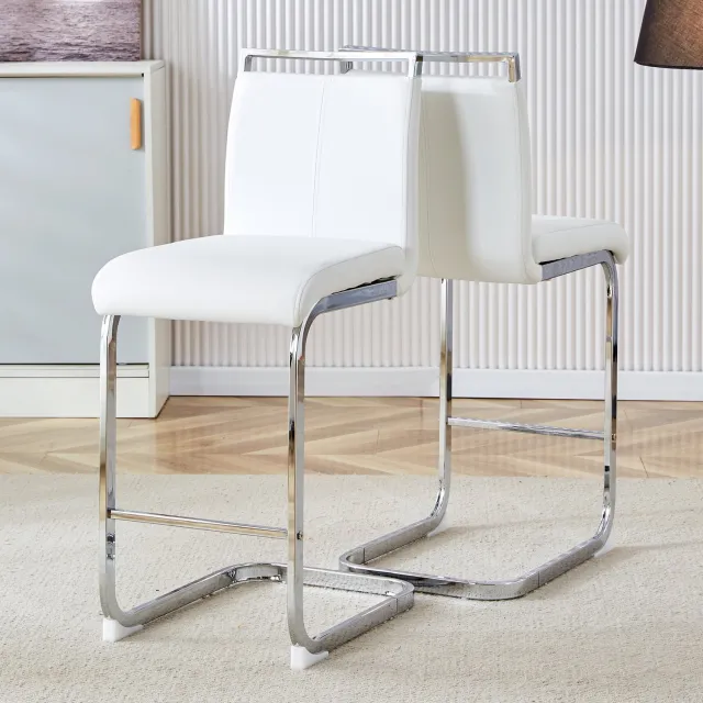 DantefHandels Barkrukken Set van 2, Scandinavische Stijl, Wit Kunstleer, Zilverkleurige Metalen Poten, 96, 5 cm, Scandinavisch design, geschikt voor keuken, kookeiland, bartafel en café wit+zilver