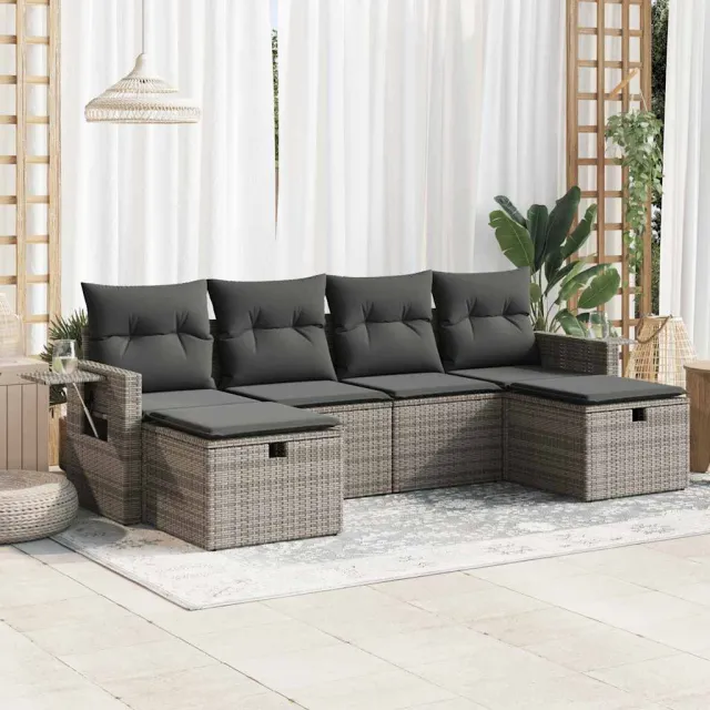 vidaXL 6-delige Loungeset met kussens poly rattan grijs, foto 2