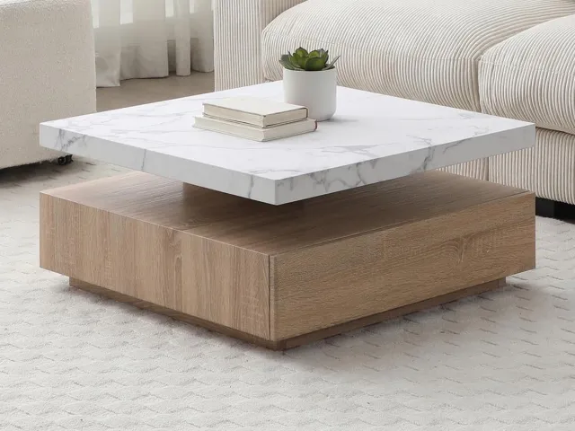 Vente-unique Draaiende salontafel met 1 lade in MDF - Zwarte marmereffect en houteffect - KYRIA Natuurlijk licht, Wit
