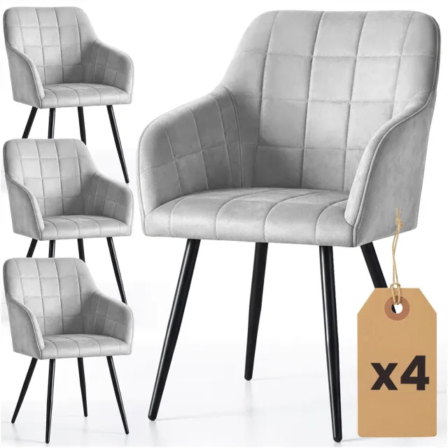Akord Set van 4 Eetkamerstoelen LUXANO met Armleuningen / Gestoffeerde Stoelen / Fluwelen Stoelen en Metalen Poten / Grijs met zwarte benen