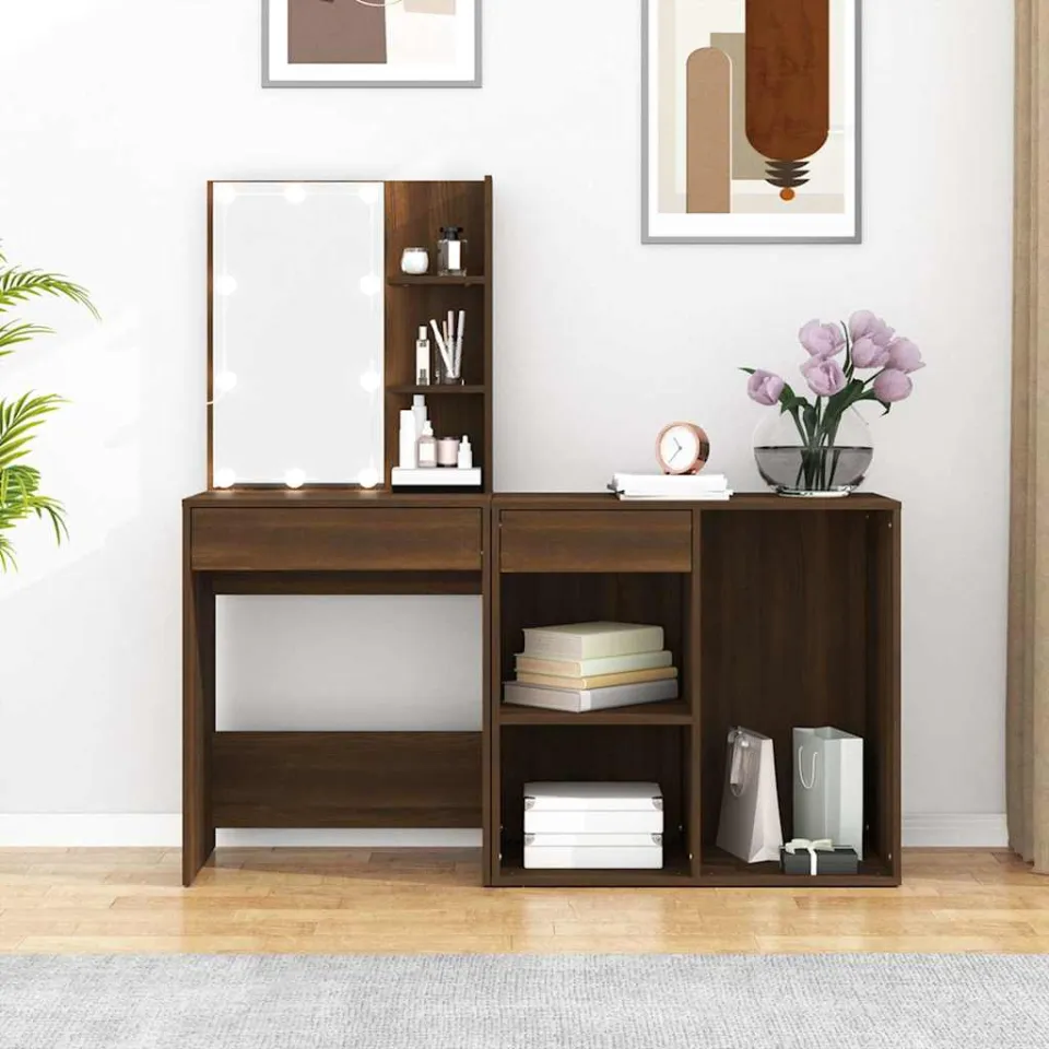 vidaXL Kaptafel met kastjes LED bewerkt hout bruin eikenkleur, foto 3