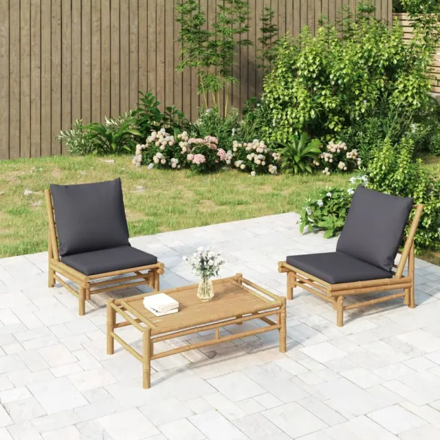 vidaXL 3-delige Loungeset met kussens bamboe donkergrijs bruin, foto 2