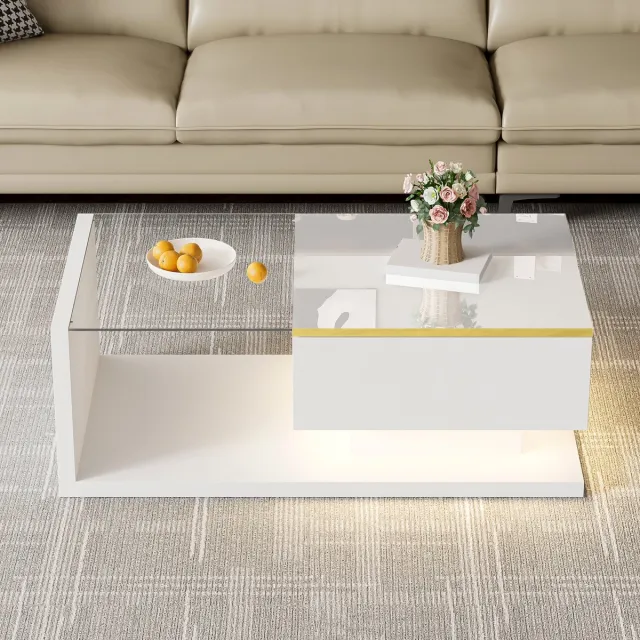 DESMIU Salontafel – Hoogglans Wit Met Glas En Ledverlichting – Voor Woonkamer En Ontspanning – Spaanplaat En Glas – 90x50x32,5 Cm