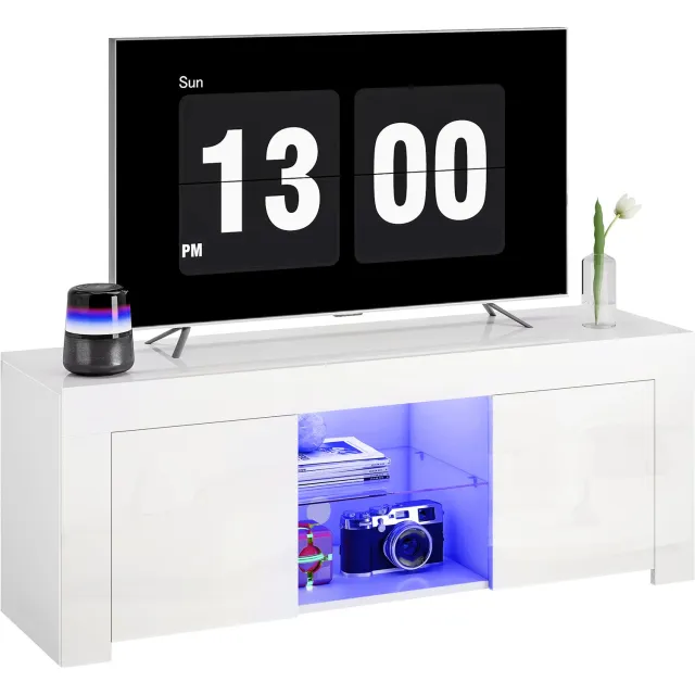 Lunpog Tv-Meubel - Afneembare Rgb-Ledverlichting - 2 Kastdeuren - Glazen Legplank - Kabeldoorvoeren - Wit - 120 X 34 X 45 Cm