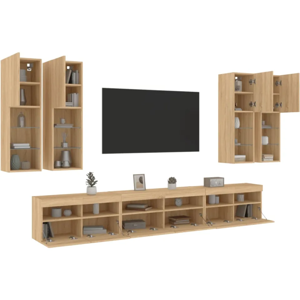 vidaXL 7-delige Tv-wandmeubelset met LED-verlichting sonoma eikenkleur Bruin