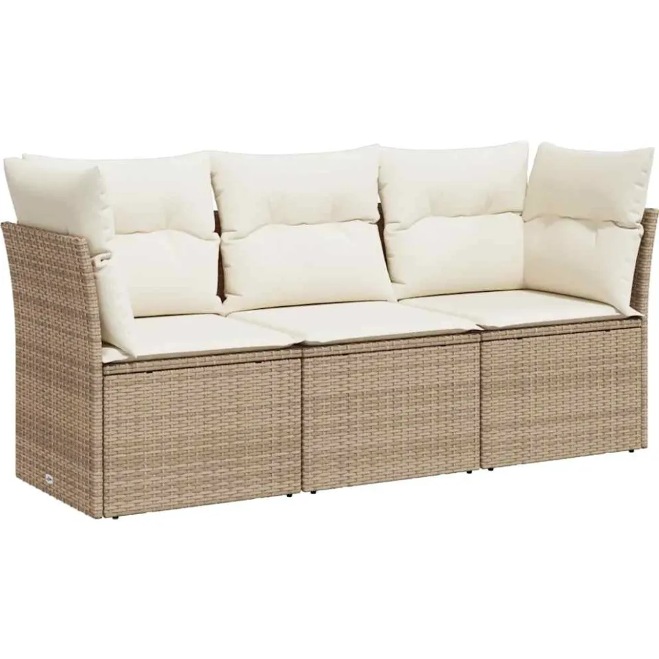 vidaXL 3-delige Loungeset met kussens poly rattan beige, foto 3