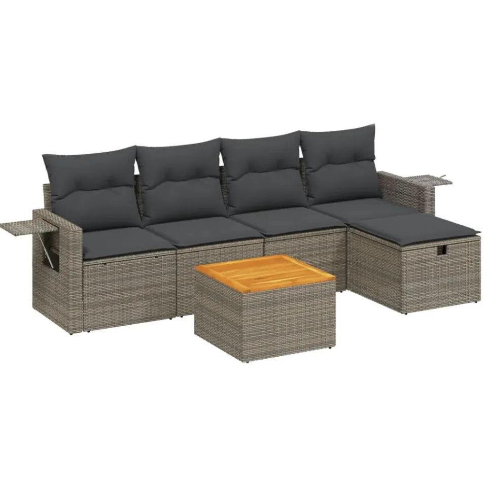 vidaXL 6-delige Loungeset met kussens poly rattan grijs, foto 3