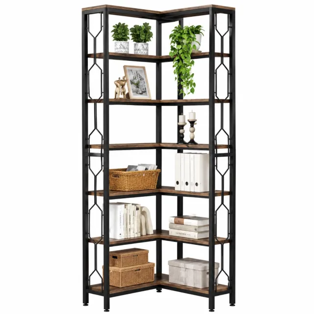 Jolien Vakken kast - Boekenkast - Hoekkast - Open kast - Open kast met planken - niveaus 7 - D 60 - B 60 - H 200 - ruimtebesparend bruin/zwart