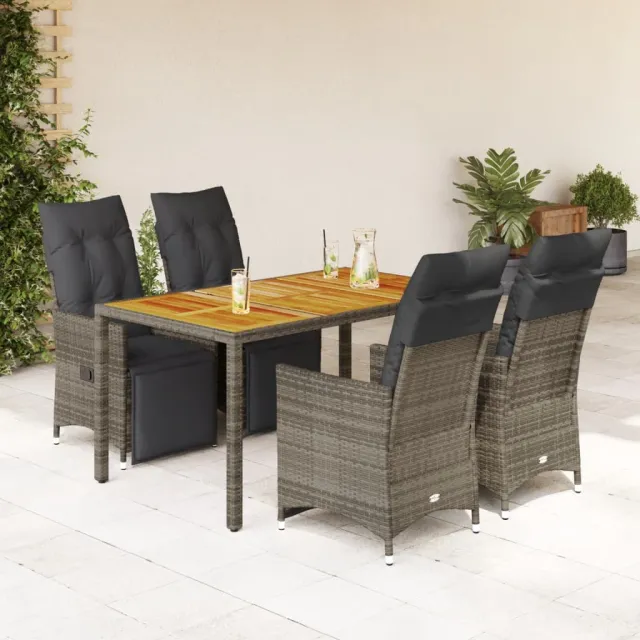 vidaXL 5-delige Bistroset met kussens poly rattan grijs, foto 2