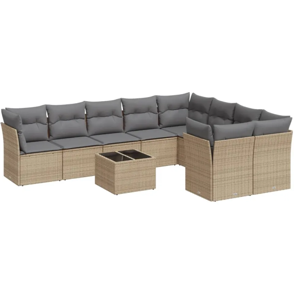vidaXL 10-delige Loungeset met kussens poly rattan beige