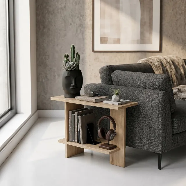 Bliss Skye Decor, Bijzettafel, Essenziale - Sapphire Oak, Gemelamineerde spaanplaat, Saffier eiken, 80 x 30 x 55 cm Saffier Eikenhout