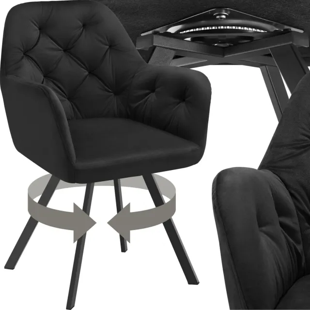 Tectake Draaistoel Fluweellook – Eetkamerstoel met Armleuningen – Ergonomische Zitting en Rugleuning – 180° Draaibaar – Moderne Stalen Poten – Zwart