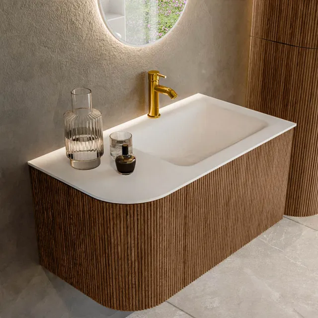 Mondiaz KURVE 85 cm Onderkast Greeploos 1 Lade Met Deuren Walnut, Wastafel Solid Surface Rechts Talc 1 Kraangat Zonder Spiegel (KRVCLO85L1L1D1KR-Wal/Tal)